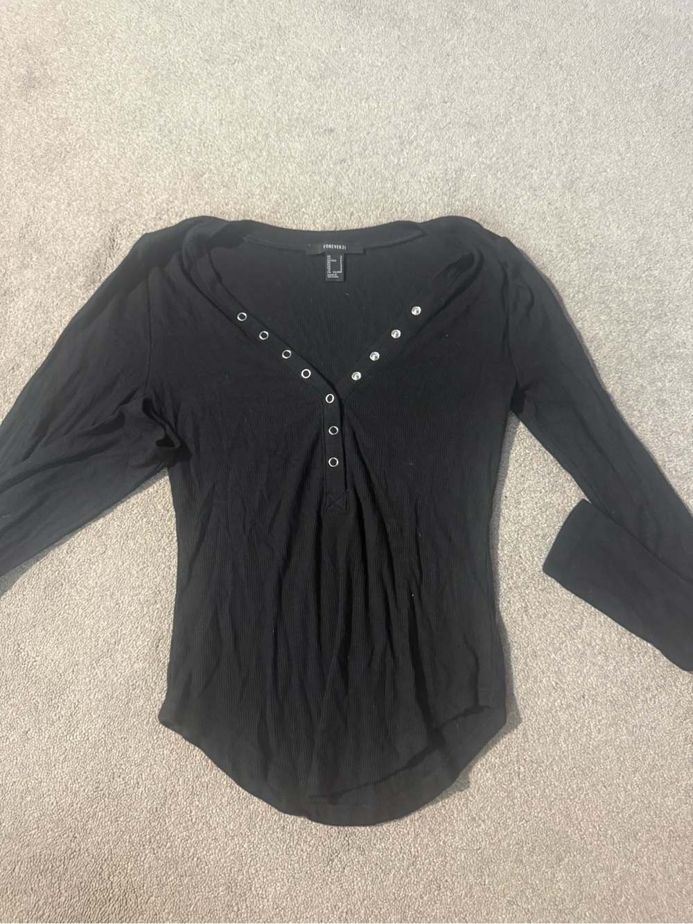 Forever 21 Black Long Sleeve Henley Top with Grommet Detail